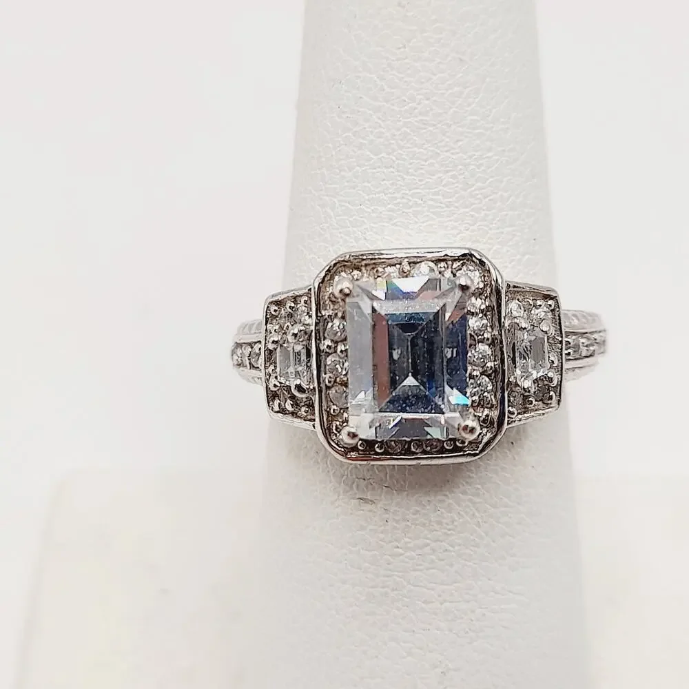 Vintage PJM 925 Sterling Silver Ring – Emerald-Cut Quartz/CZ – Size 7